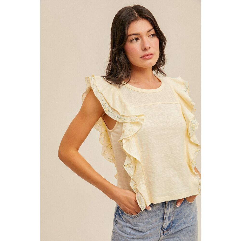 Daisy Print Contrast Flutter Ruffle Top - Picture 3 of 3
